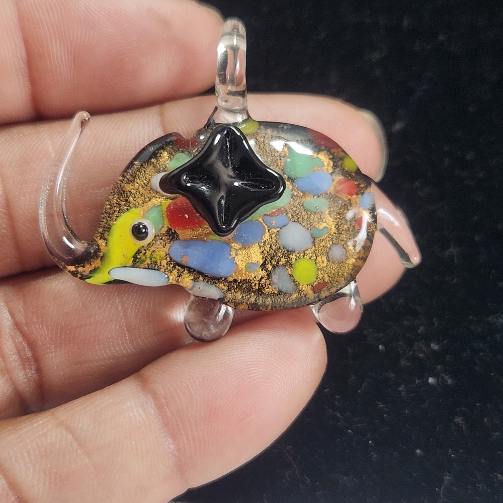 Murano Style Millefiori Art Glass Elephant Pendant Gold Aventurine Colorful